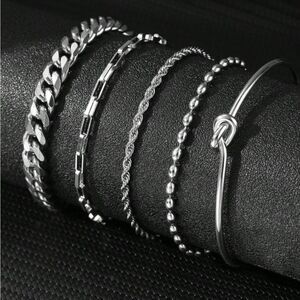 Silver Plated Stainless Steel 5pc Bracelet & Cuff Set Mixed  Stackable Jewelry